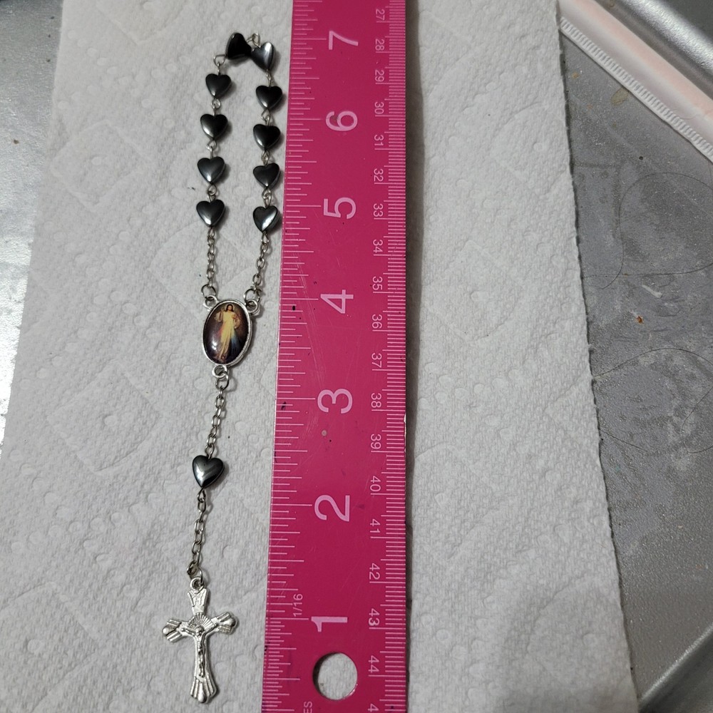 One Decade Pocket Rosary Hemetite Hearts, Catholic, 7"