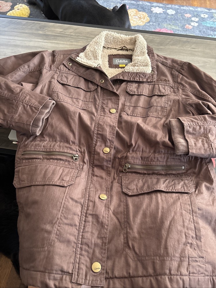 Cabelas Brown Hunting Jacket Lined Size Large Regular Zipper Pockets EUC