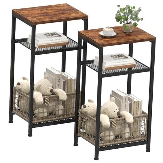Small Side Table Set of Tall End Table with Adjustable Shelf, 2 Rustic Brown