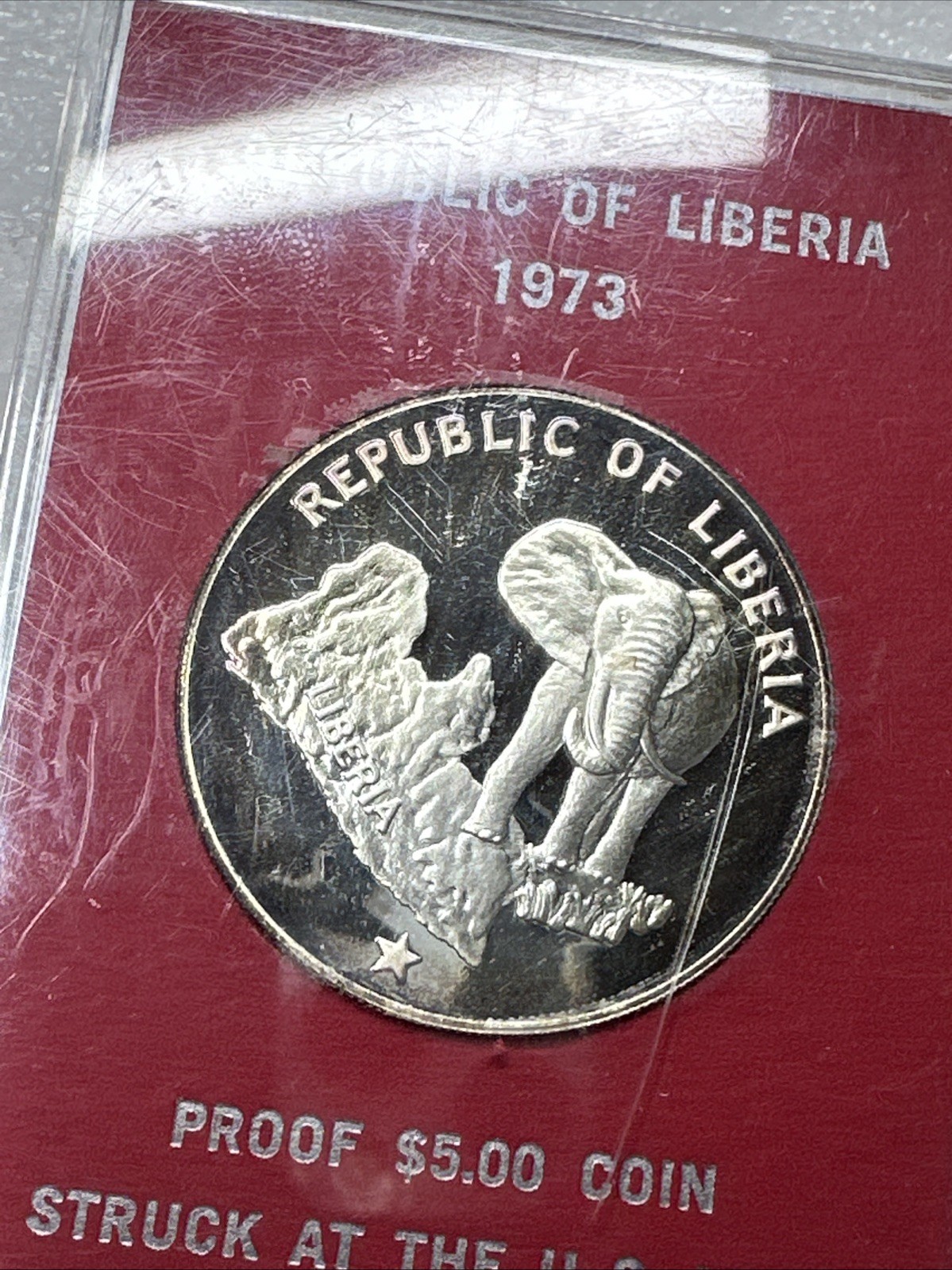 1973 LIBERIA - 5 DOLLARS - ELEPHANT - 1 Oz PROOF SILVER CROWN - US MINT RED CASE