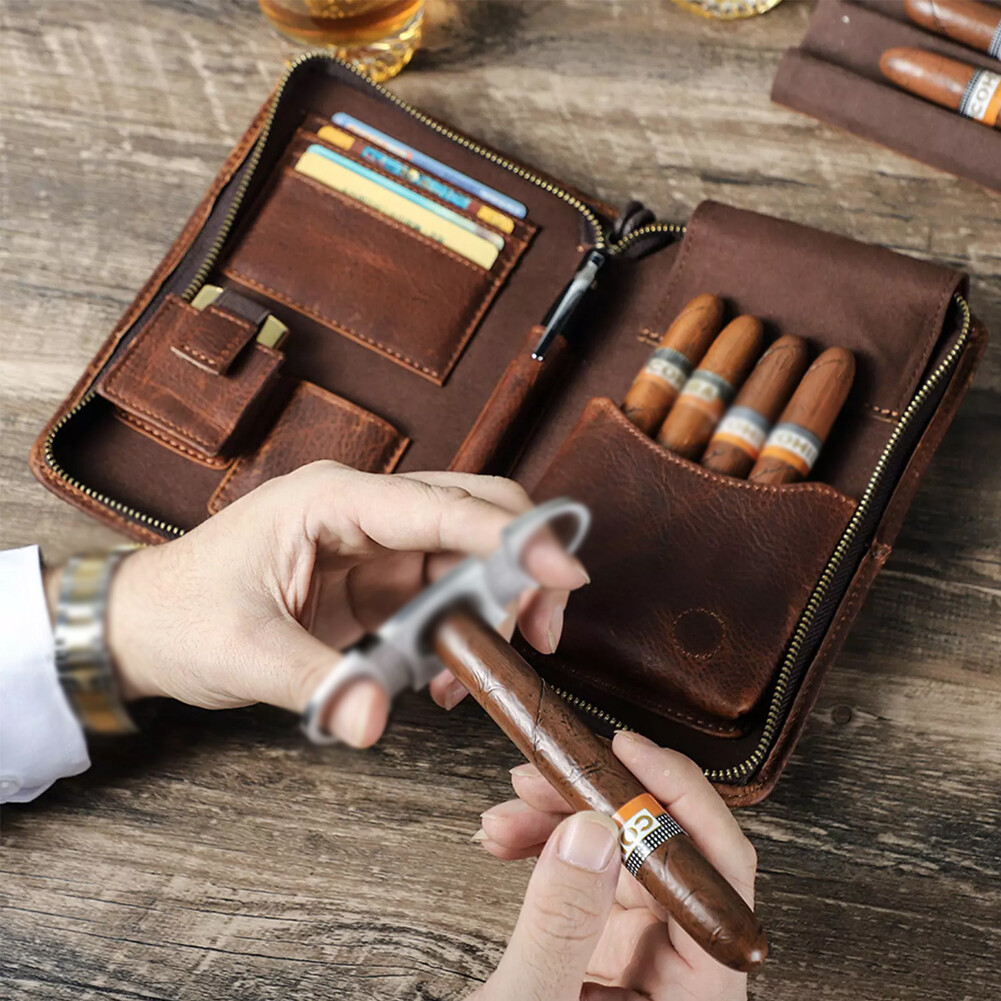 Genuine Leather Passport Cigar Case Travel Humidor Set Cutter Pocket box Brown