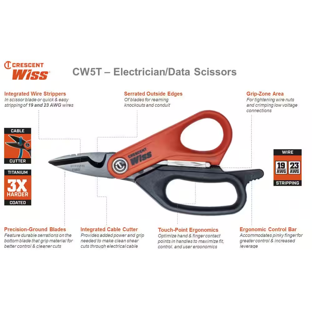 Wiss Electrical Scissors 5 in. Serrated Bottom Blade Grips