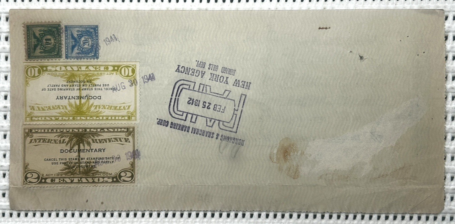 1941 Hongkong & Shanghai Banking Corp Check Philippine Islands Revenue Stamps