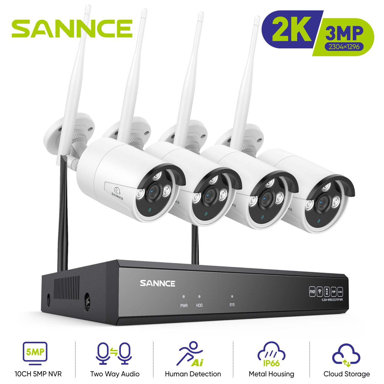 SANNCE Security Camera System Outdoor Wireless 2 Way Audio WIFI CCTV 5MP 8CH NVR