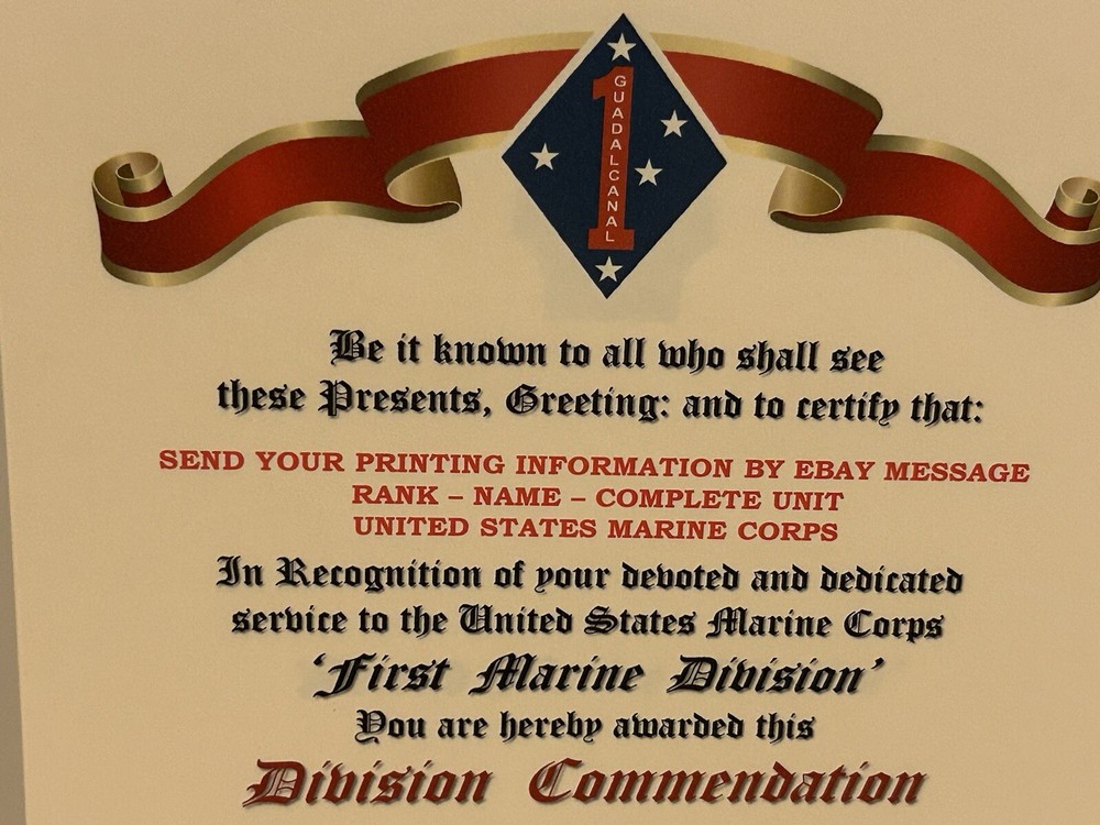 U.S.M.C. / FIRST MARINE DIVISION ~ DIVISION COMMENDATION REPLACEMENT CERTIFICATE