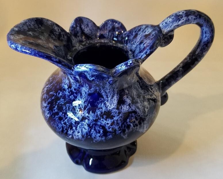 Art Pottery Stoneware Light/Dark Blue Glazed Pitcher Unsigned 6" Tall