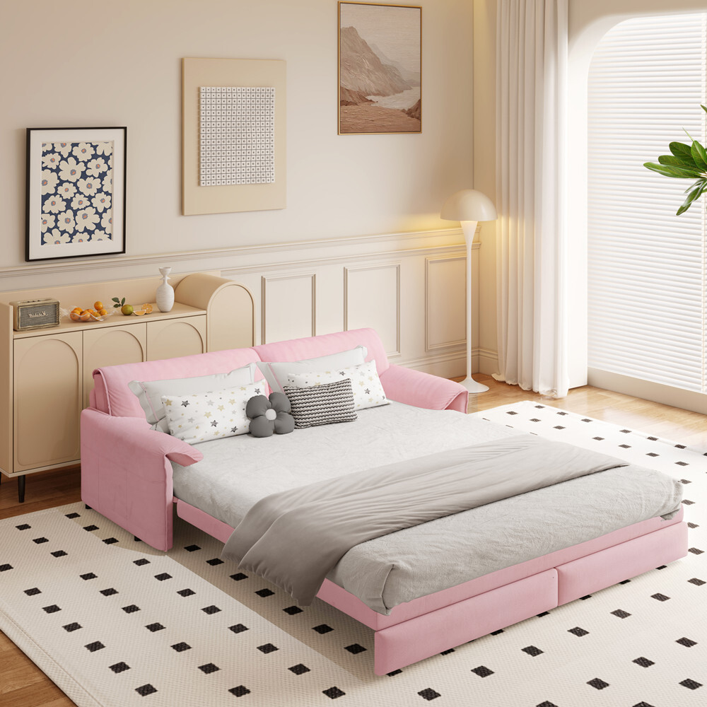 Convertible Sleeper Sofa w/Pull Out Bed, Upholstered Queen Size Sofa Couch Bed