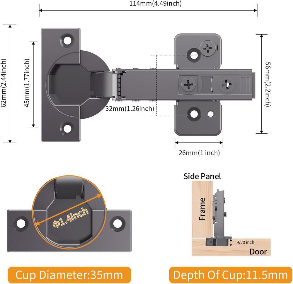 50 Pack Soft Close Concealed Hinges, 105° Open, Black Titanium Finish