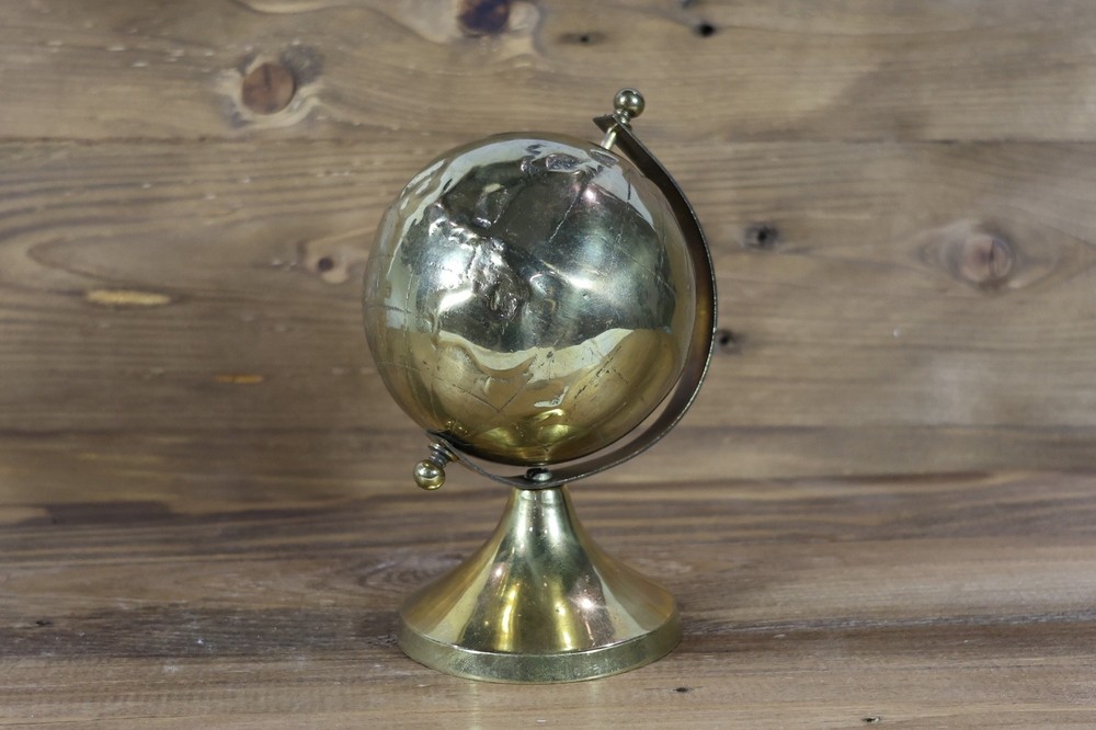Vintage 1970s Solid Brass Mini Desktop Globe 360 Rotating Earth Globe Decor 5"
