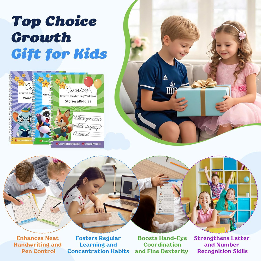 3 Pack Grooved Cursive Handwriting Workbooks - Magic Ink Disappearing Cursive Tr