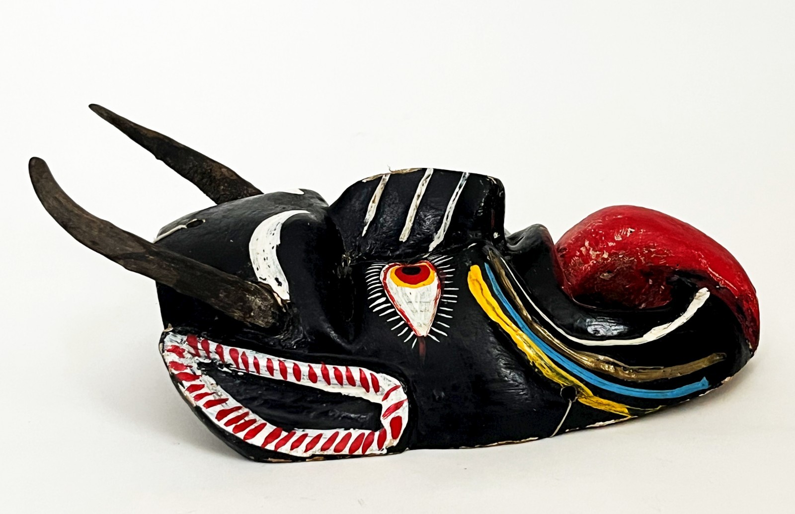 MEXICAN FOLK ART CARVED WOOD BLACK HORNED DIABLO DEVIL DEMON DANCE MASK 14 x 8"