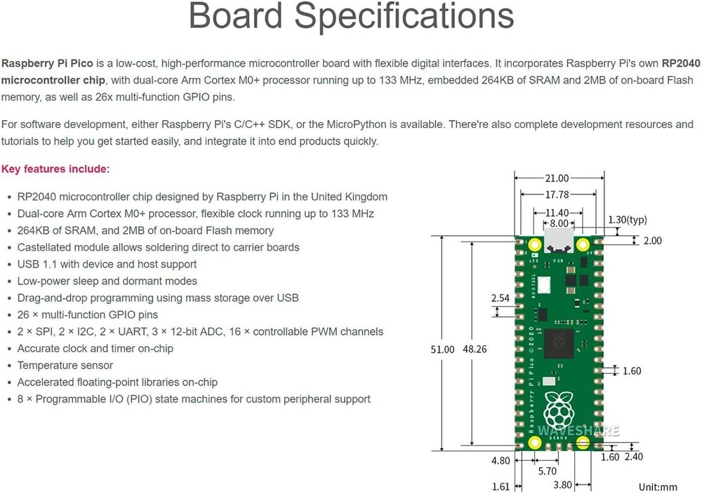 Pre-Soldered Raspberry Pi Pico Microcontroller with 133 MHz Dual-Core Processor