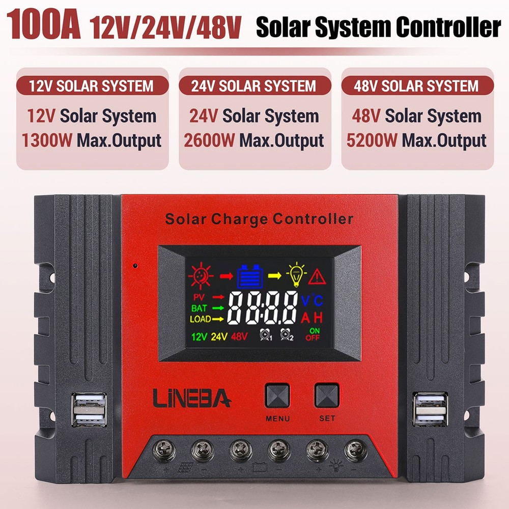 LCD 100A Solar Panel Charge Controller 12V 24V 48V PWM Auto Focus Tracking 4 USB