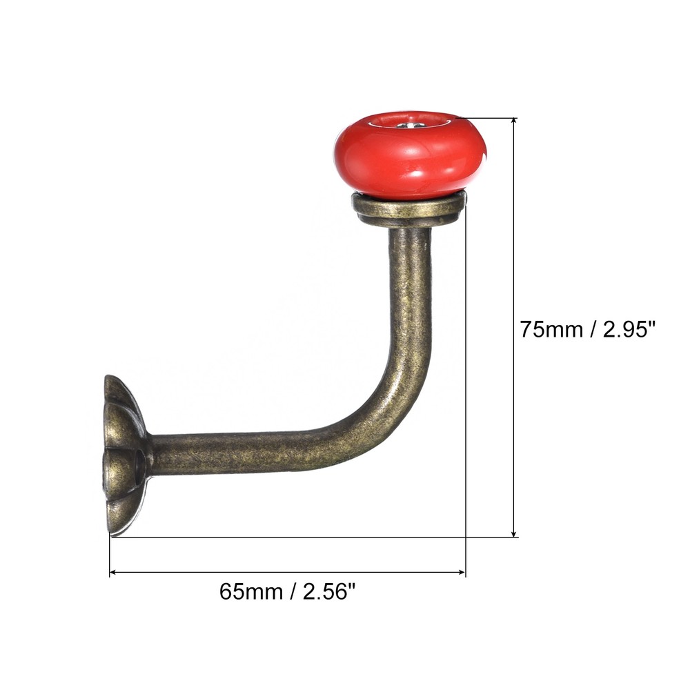 2Pcs Wall Hooks Zinc Alloy Single Prong Ceramic Handle Coat Hook Red