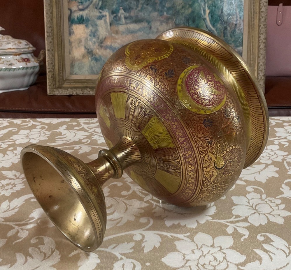 Etched Brass Pedestal Bowl Urn Peacock Floral Motif 7.3lb Ornate Centerpiece