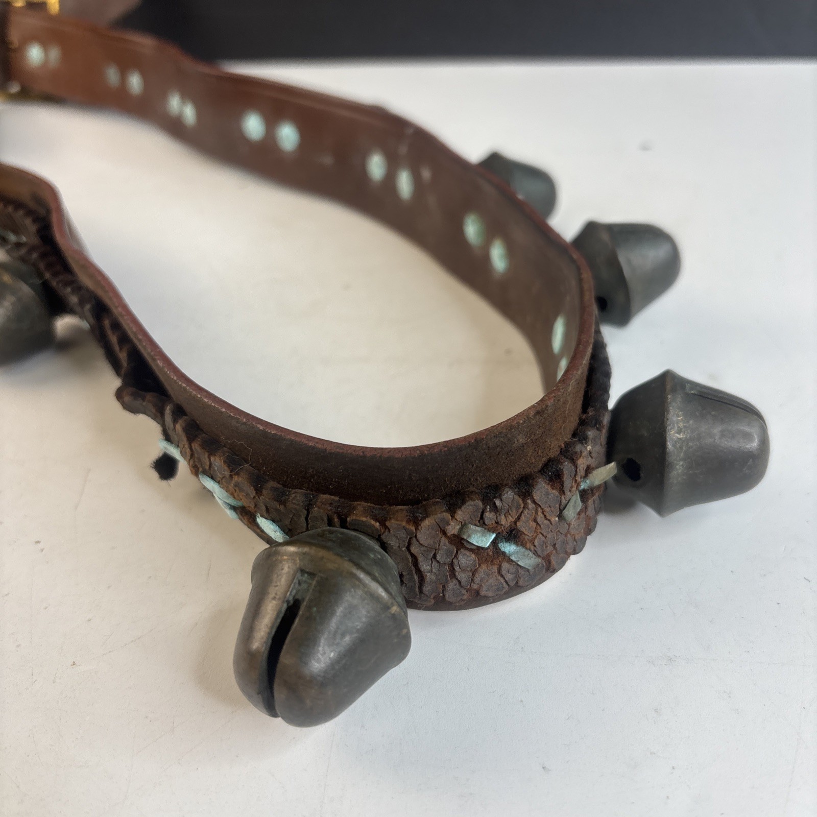 Antique 11 Brass Acorn Sleigh Bells on 41" Leather Strap w/ Copper Rivets VIDEO
