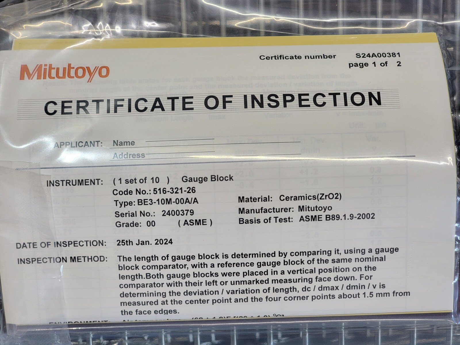 Mitutoyo Ceramic Micrometer Inspection Calibration Gage Block Set Grade 00