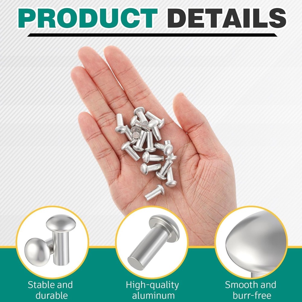 150 Pack 3/16" Diameter x 1/2" Length Solid Aluminum Brazier Head Rivets