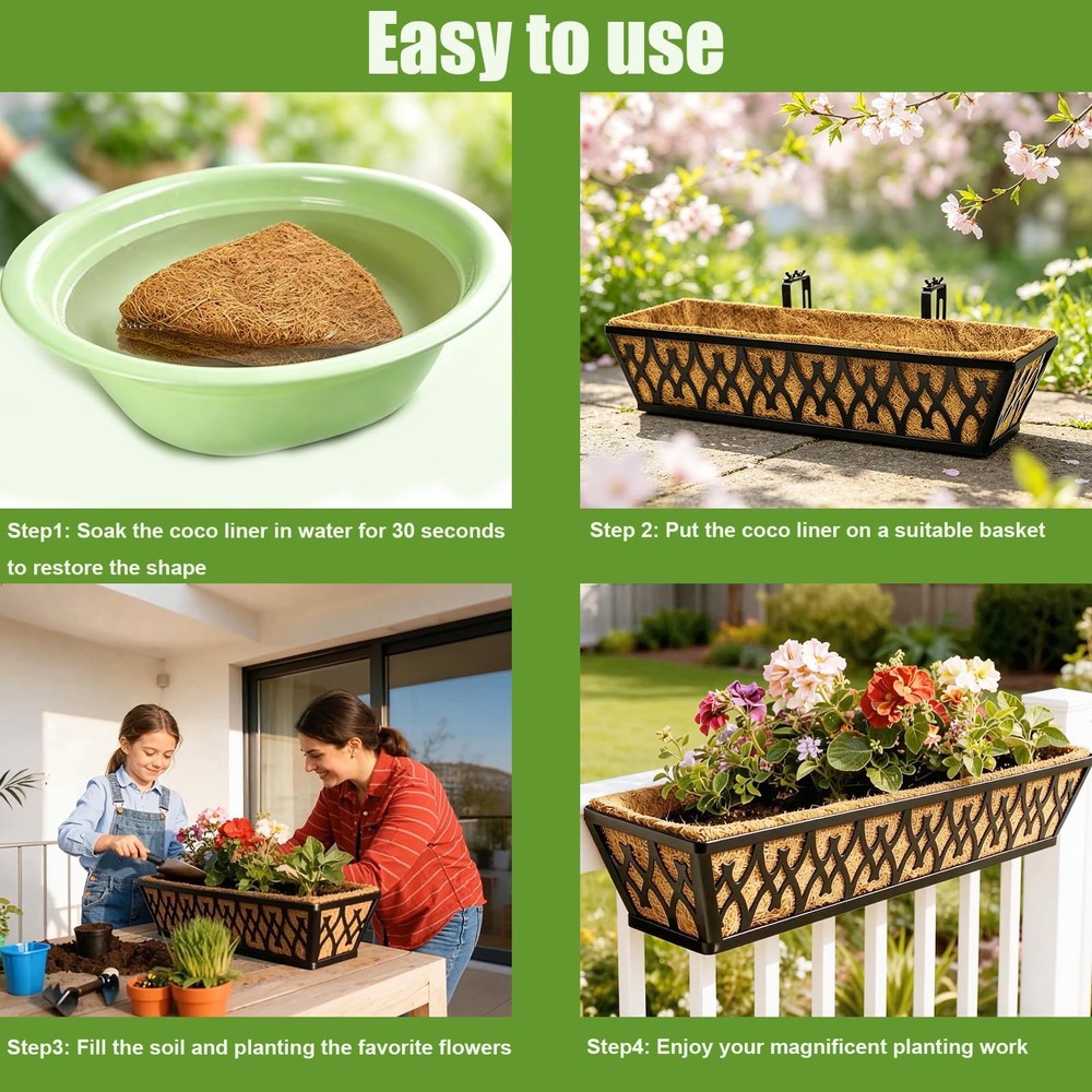 4 Pack 24 Inch Trough Coconut Liners for Window Box Deck Planter Natural Coco...