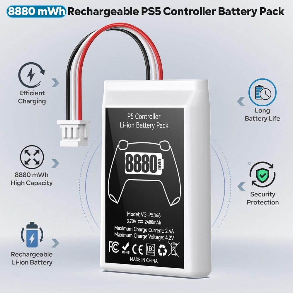 2-Pack PS5 Controller Battery 8880mWh High Capacity Rechargeable Replacement