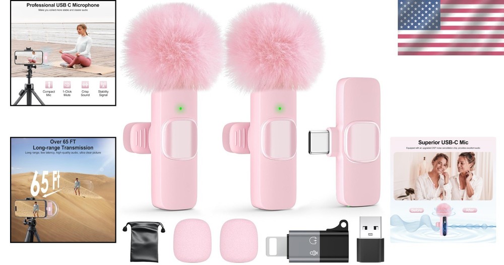 Professional Wireless Lavalier Microphone: Omnidirectional, 65ft Range, Pink