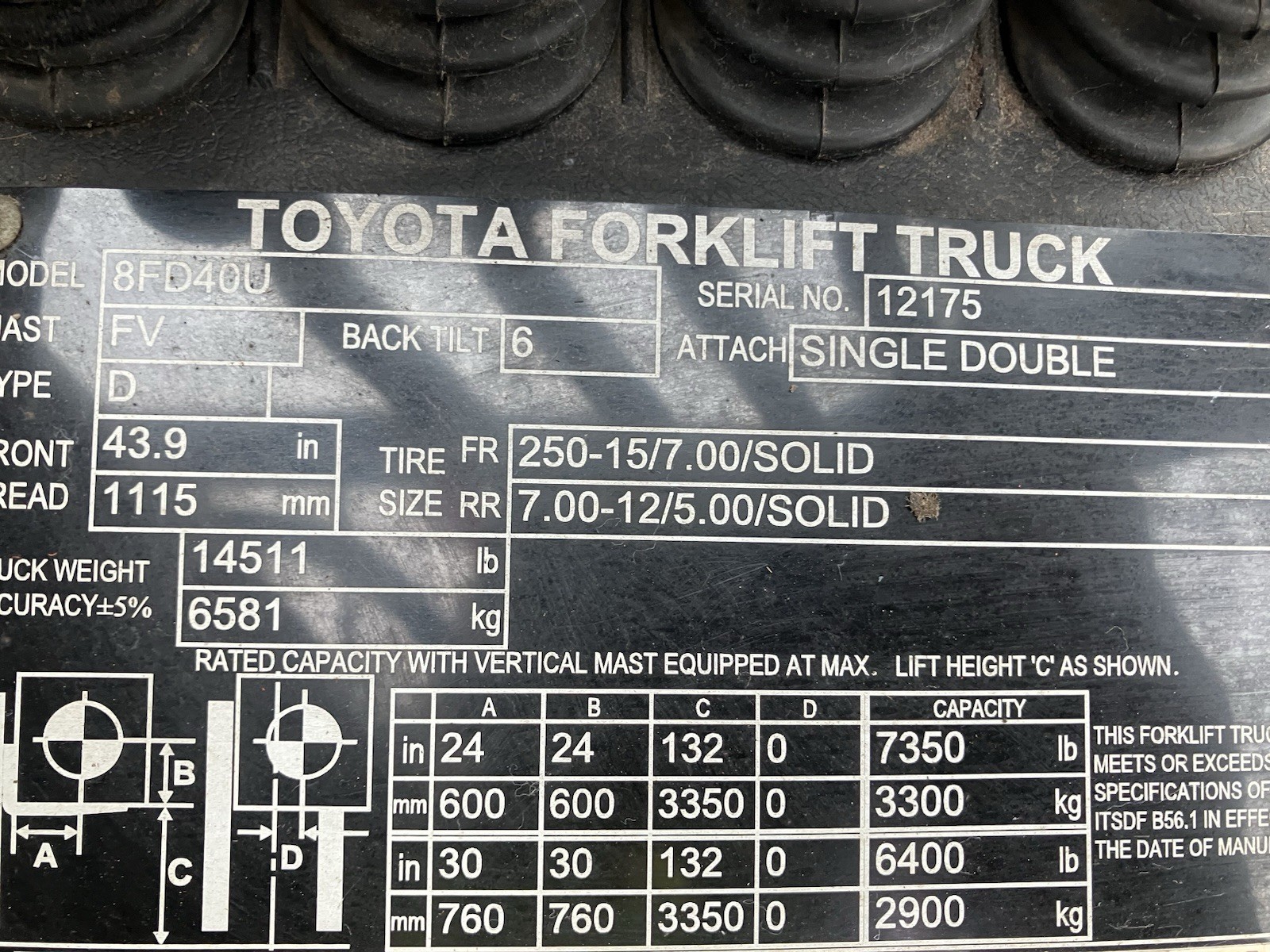 2020 Toyota 8000 LB Solid Pneumatic Forklift With Side Shift and 2 Stage Mast