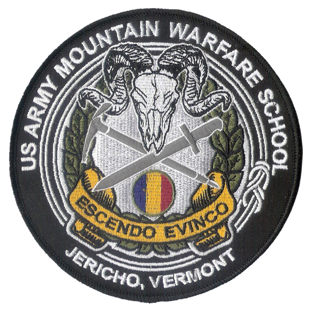 US Army Mountain Warfare School Patch - 5" Diameter, Merrowed Edge, Wax Backing