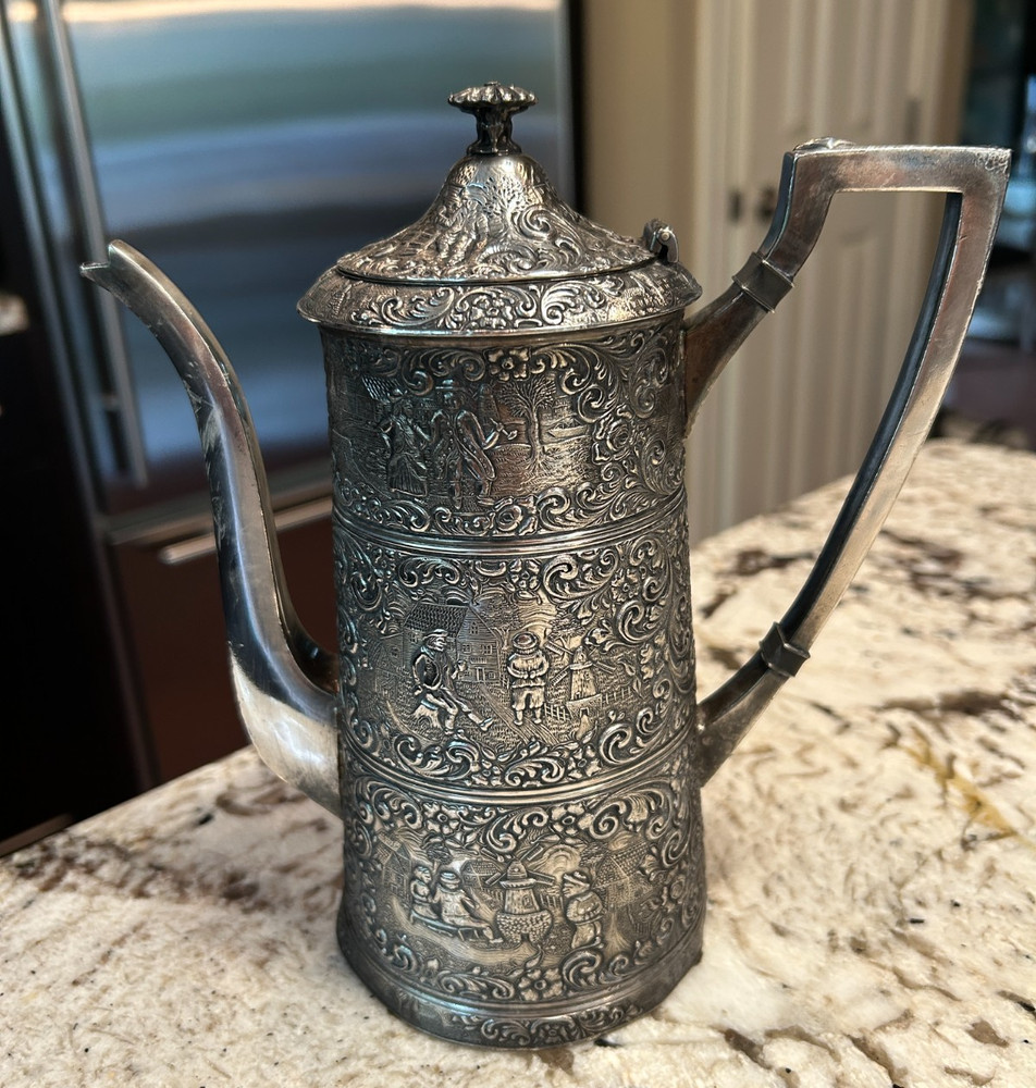 RARE Antique BARBOUR Repousse Silverplate Coffee Tea Pot #3155