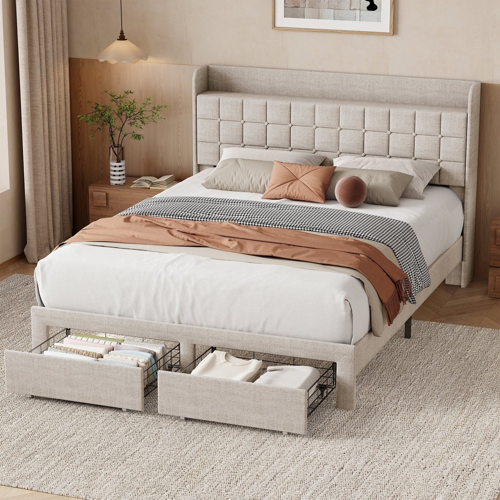 Heavy Duty Platform Bed Frame with Storage 2 Metal Baskets Upholstered Headboard