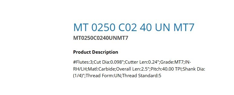 CARMEX MT 0250 C02 40 UN MT7 Solid Carbide Thread Mill 40TPI