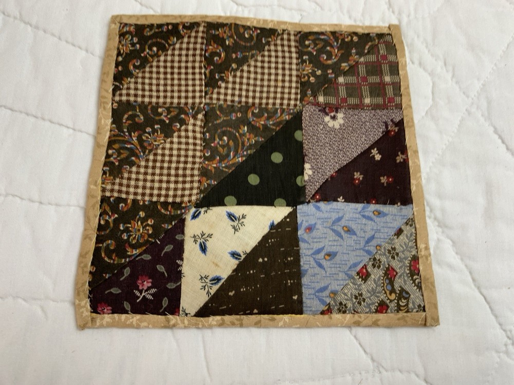 Antique Patchwork Quilt Table Topper, Nine Patch, Triangle, Early Calicos, Brown