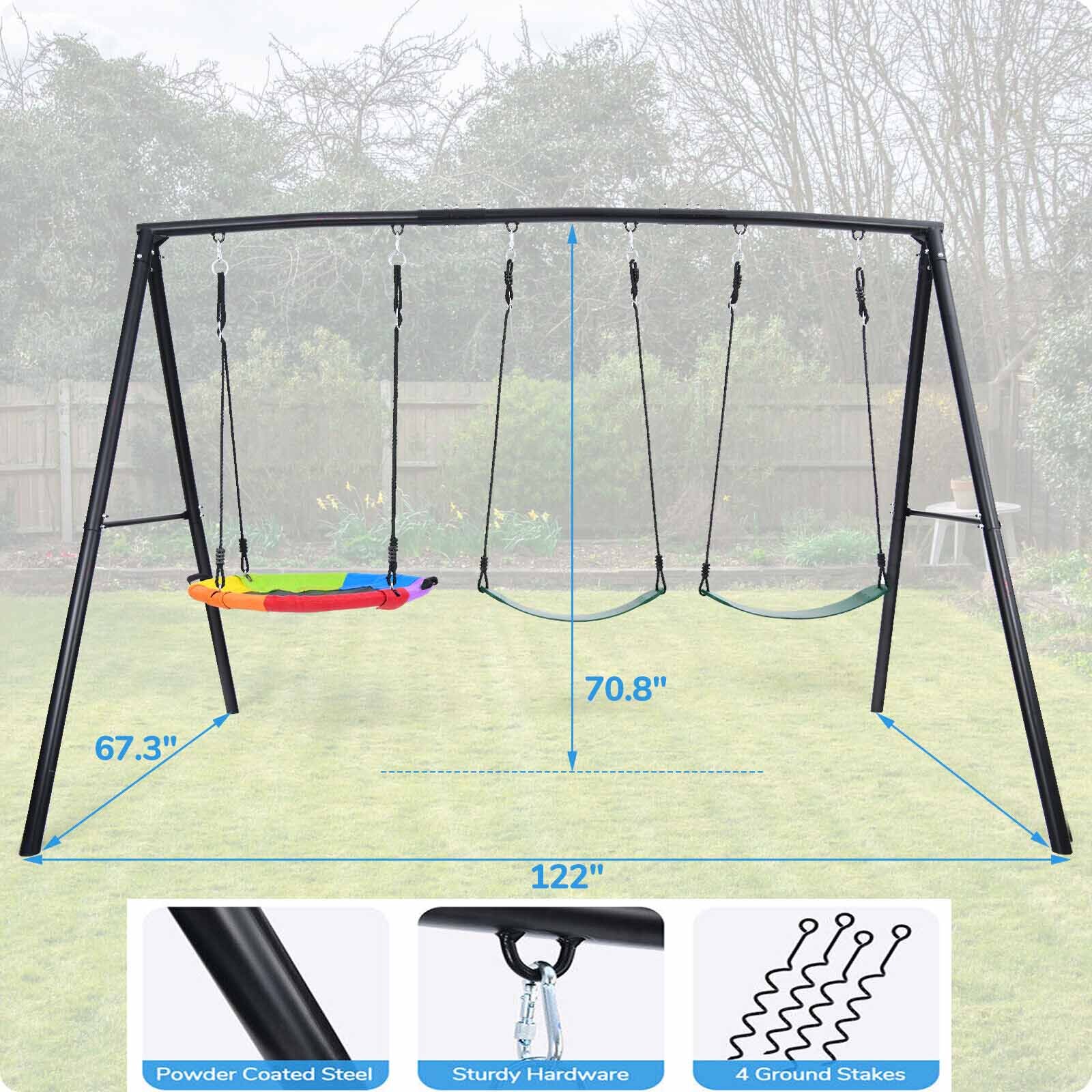 600lb Metal Swing Set with 3 Swing Kids Backyard Swingset Heavy Duty Swing Stand