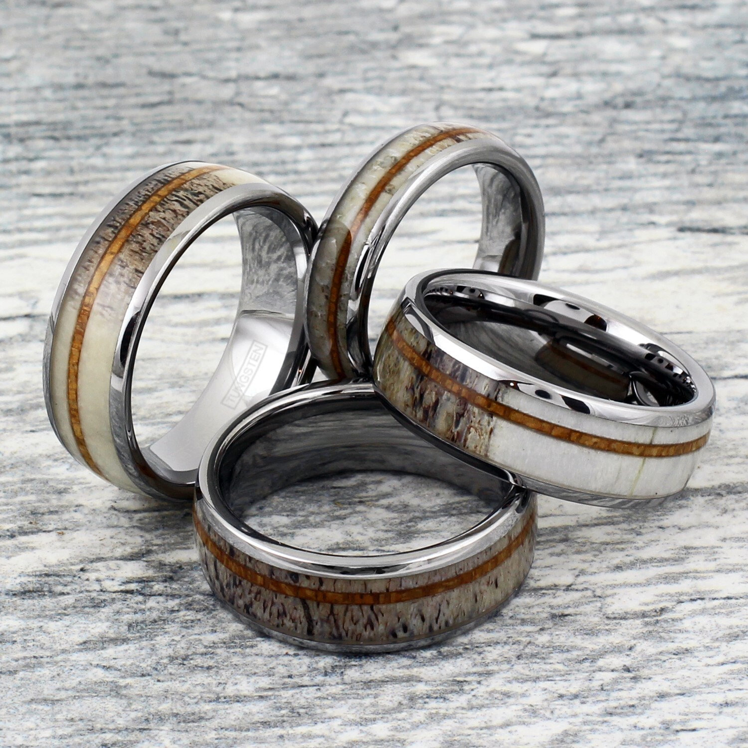 Engraved 8mm Tungsten Men's Deer Antler Hawaiian Koa Wood Wedding Band Ring