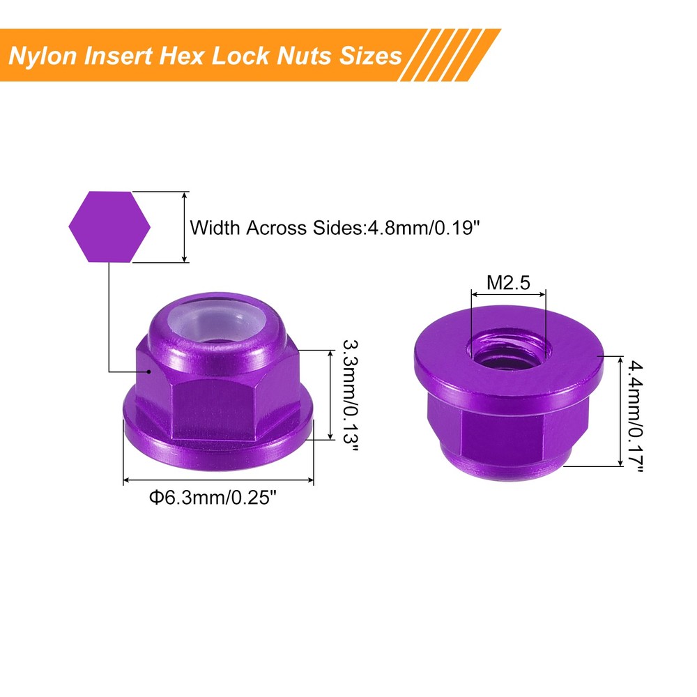 Nylon Insert Hex Lock Nuts, 10pcs - M2.5x0.45mm Self-Locking Nut(Purple)