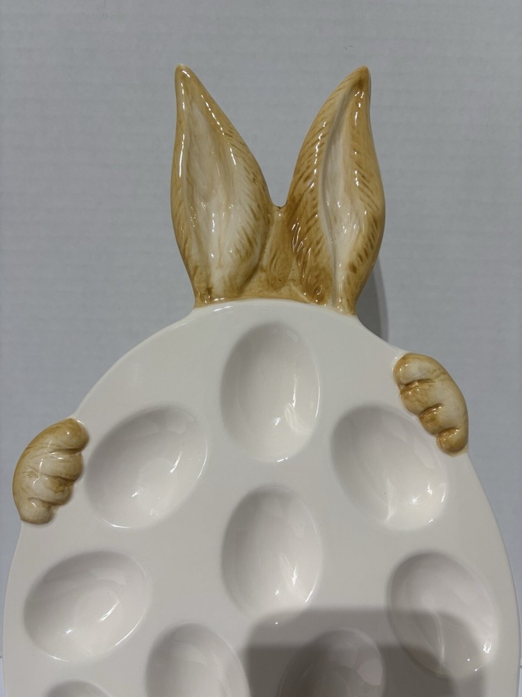 Pier 1 Imports Bunny Rabbit Easter Deviled Egg Serving Tray Platter White Brown