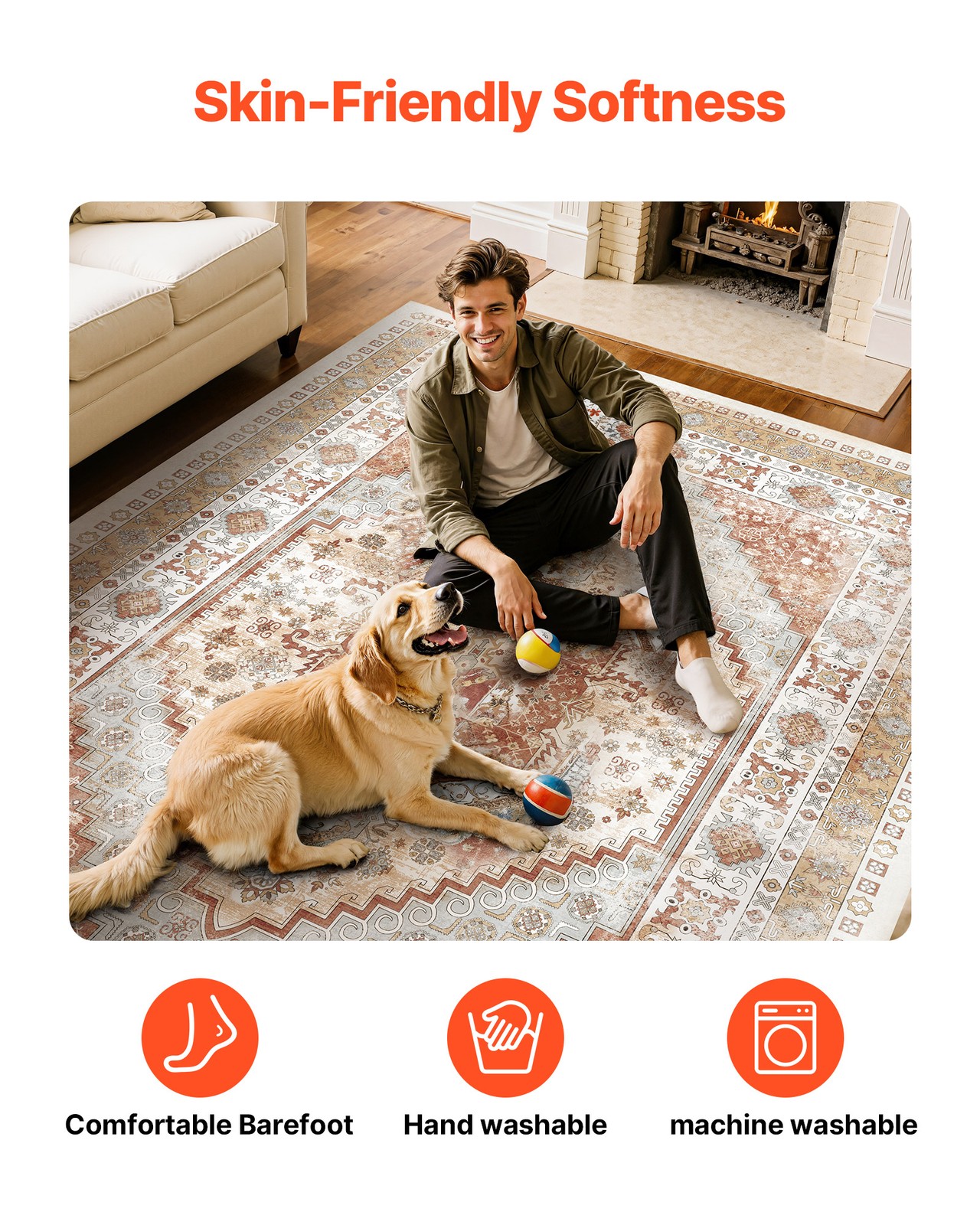 Large Area Rug 9 x 12 ft Anti-Skid Tear-Resistant Floor Mat Vintage Brown Red