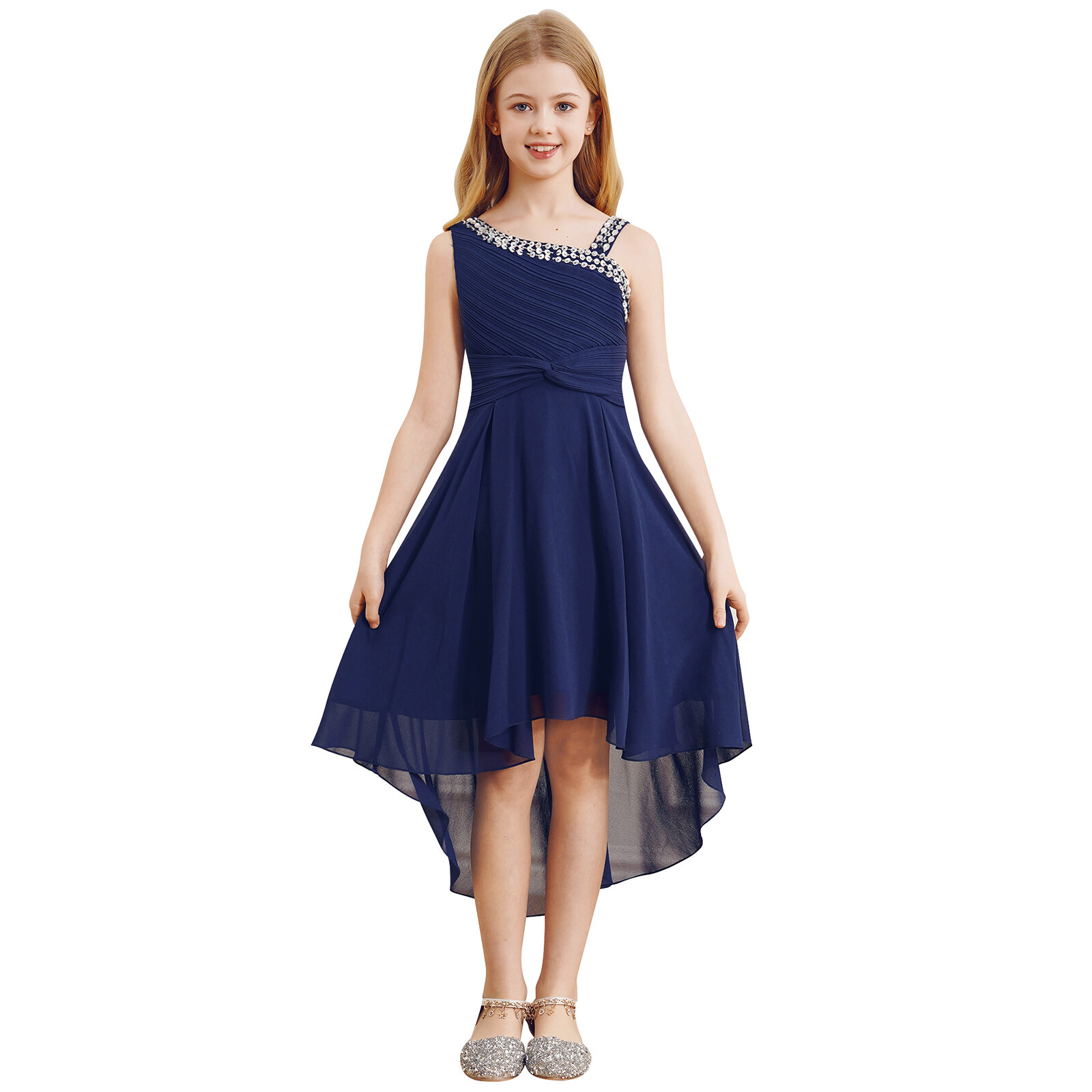 US Girls Sparkly Straps Summer Dress Sleeveless High Low Junior Bridesmaid Dress