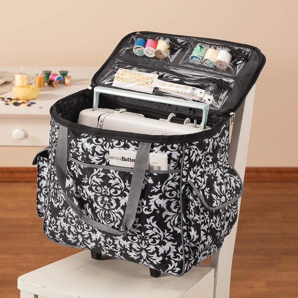 Rolling Sewing Machine Tote with 6 Storage Pockets - Damask (Large)