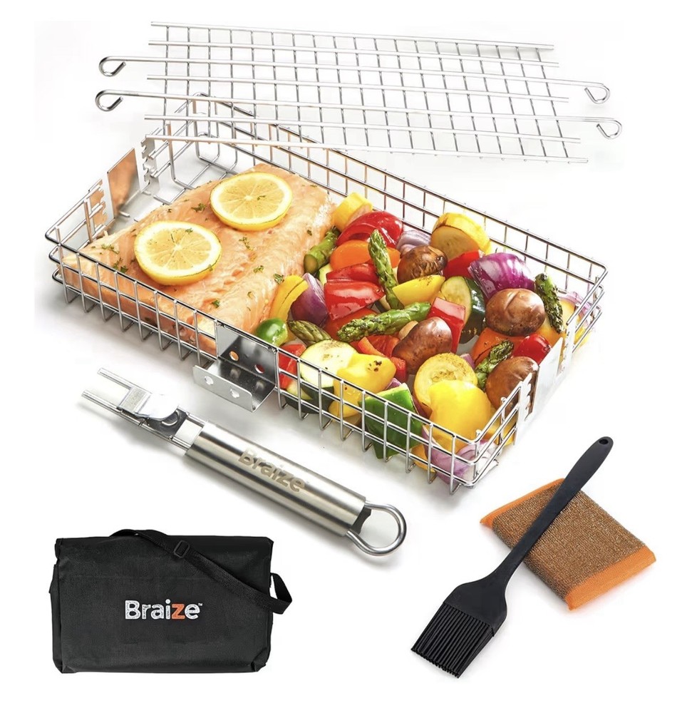 Braize Adjustable Grill Basket Large Silver, Removable Handle, Brush, Bag