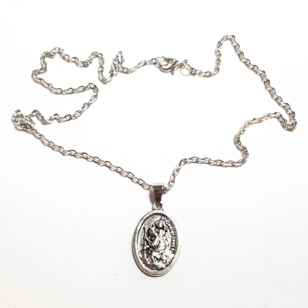 Saint St Christopher Protect Us Oval Silver Medal Pendant Necklace 18" Chain