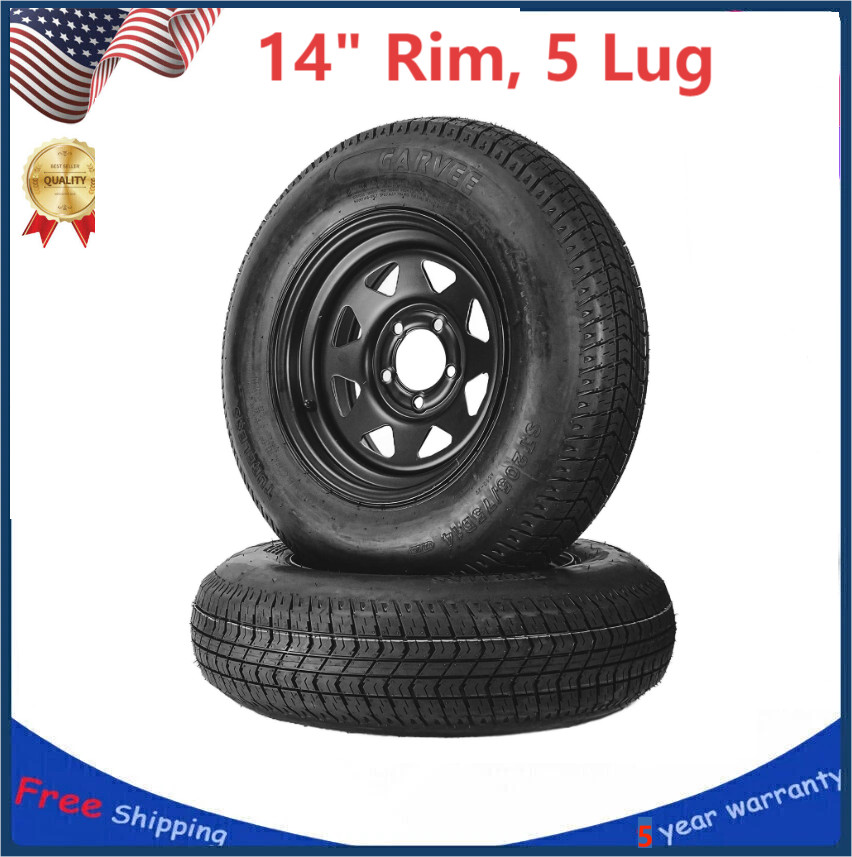 2-Pack Trailer Tire On Rim ST205/75D14 Trailer Tires Black Wheels 5 Lug on 4.5"
