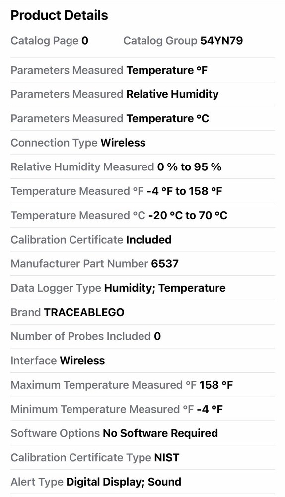 Traceable 6537 Temperature/Humidity Bluetooth Enabled Data Logger Exp 07/2025