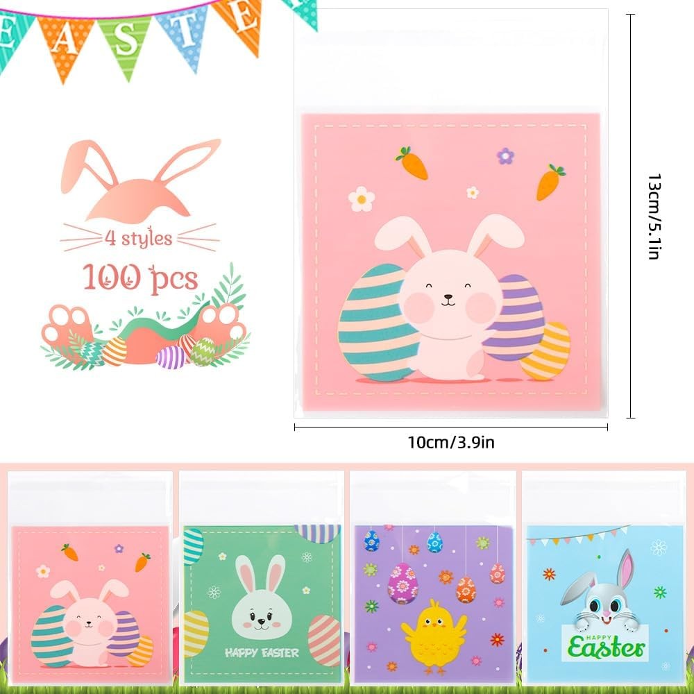 100 PCS Self Sealing Clear Easter Ziplock Bags, Easter Cellophane Treat Goodie S