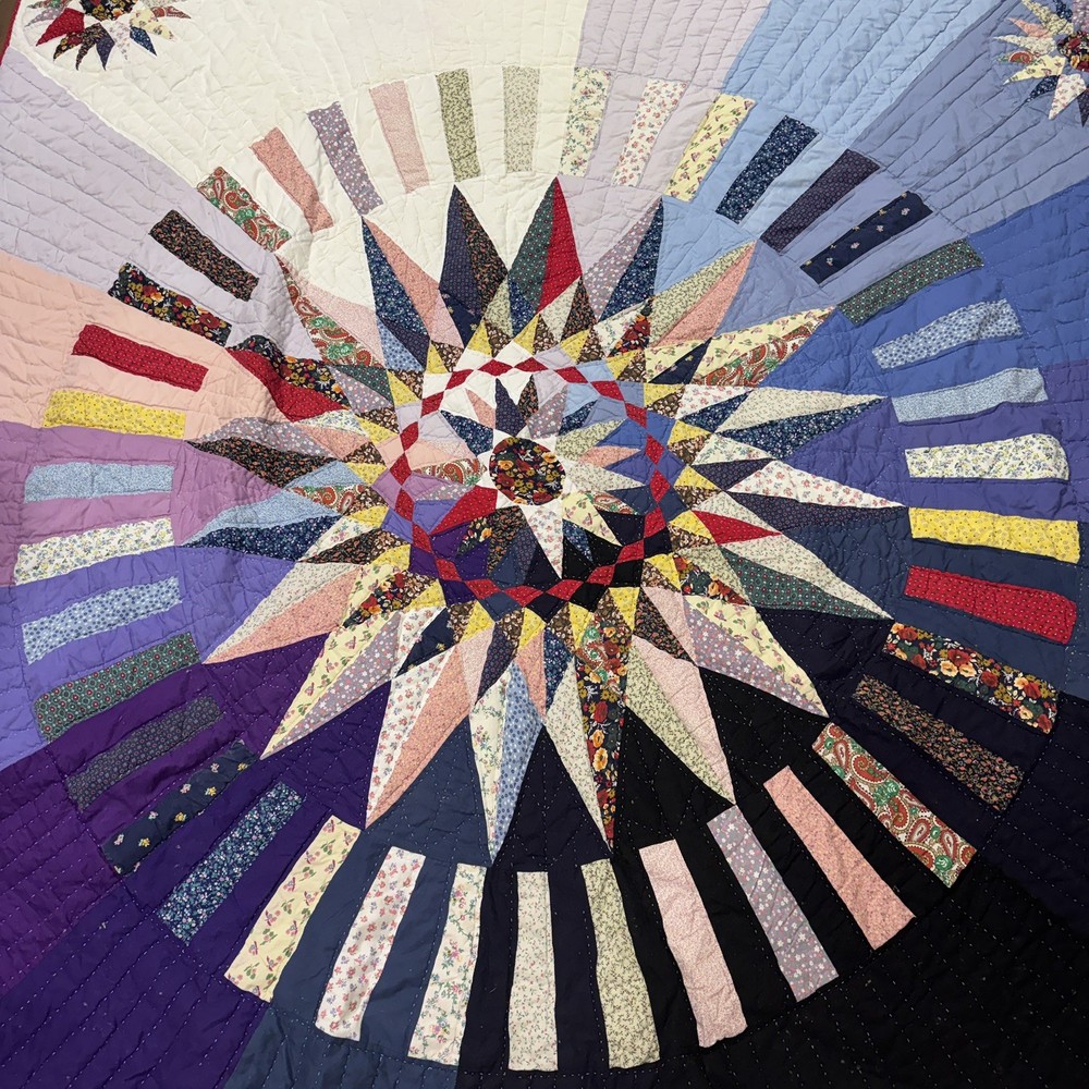 Cotton Mariners Compass Patchwork Quilt Vtg -Inspired 81”x81” See Description
