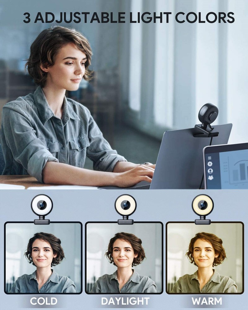 1080P Webcam with Ring Light, Autofocus Streaming Webcam, Web Camera