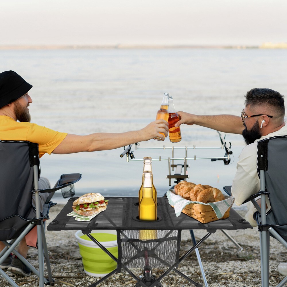 Folding Aluminum Camping Table with Mesh Storage Pockets & Dual Cup Holders