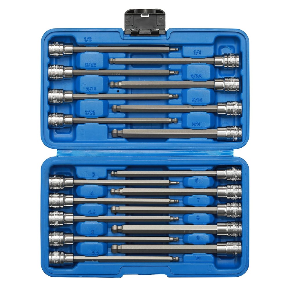 3/8"Drive Extra Long Ball-End Hex Bit Socket Set, 18 Piece Allen Socket Set, ...