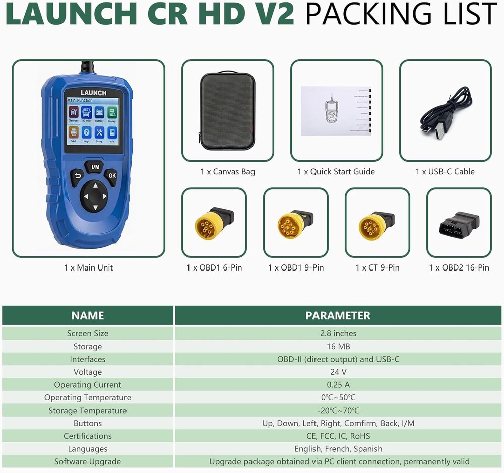 LAUNCH Creader HD V2 Heavy Duty Truck Diagnostic Scanner 2-in-1 OBD2 Code Reader