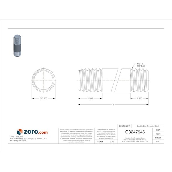 Te-Co 40789 Double-End Threaded Stud, 1/2"-13 Thread To 1/2"-13 Thread, 6 In,