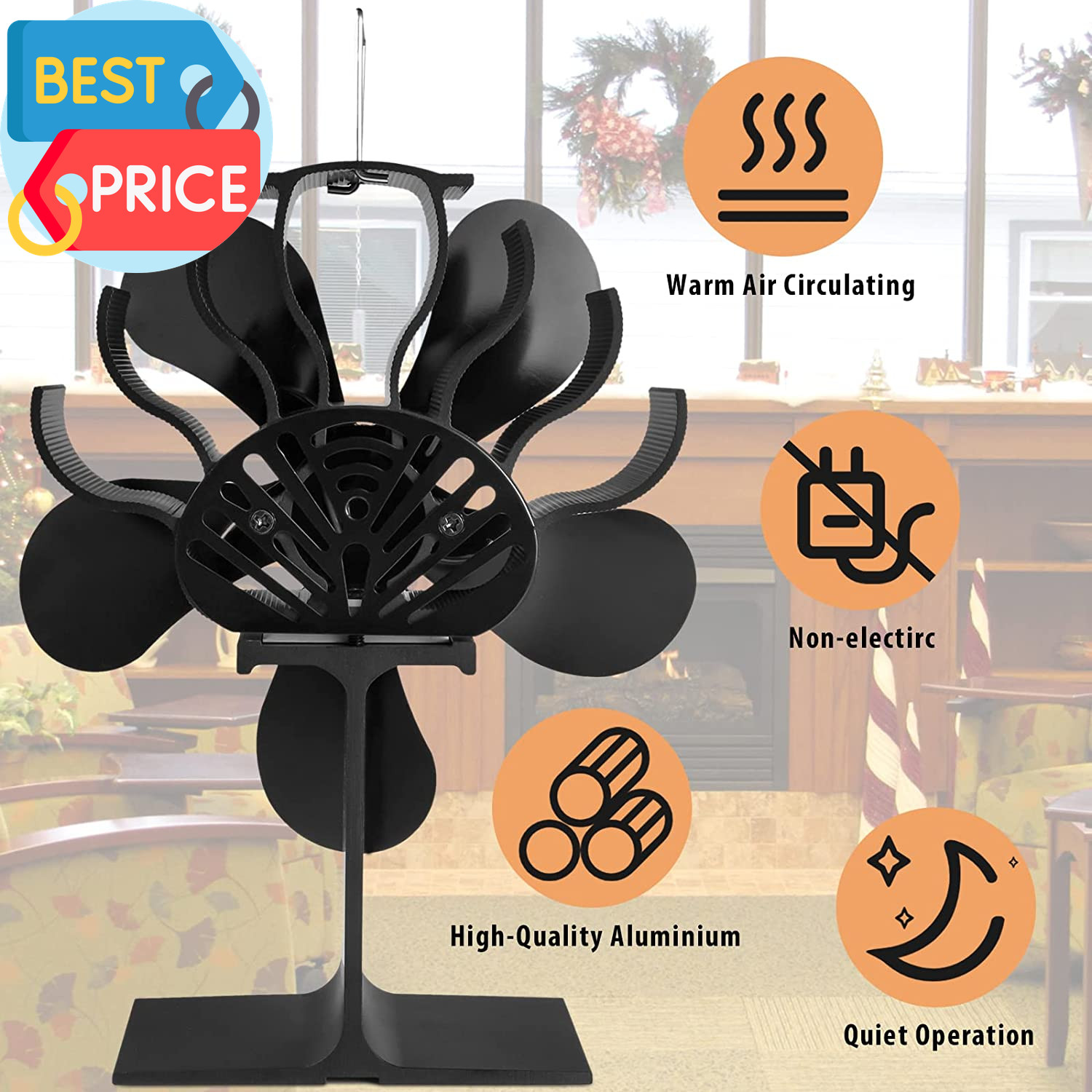 Wood Stove Fan 5 Blades, Heat Powered Fireplace Fans for Wood/Log Burner Stove,